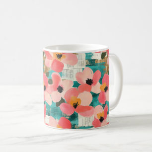 Taza De Café Rosa Coral Floral Turquesa Vintage