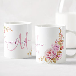 Taza De Café Rosa de acuarela bonito Personalizado floral Monog