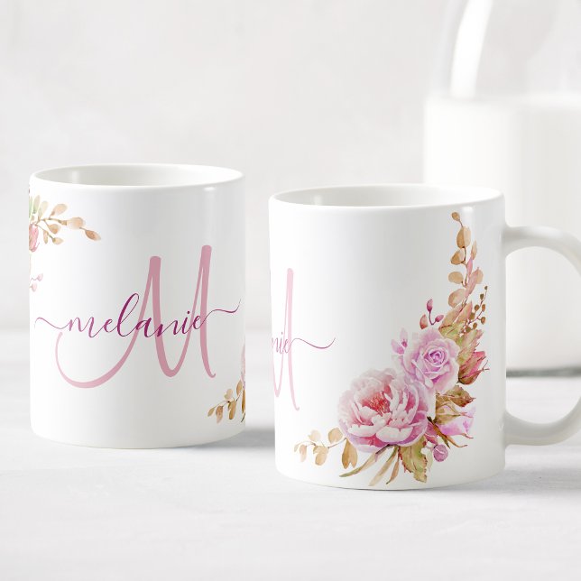Taza De Café Rosa de acuarela bonito Personalizado floral Monog (Subido por el creador)