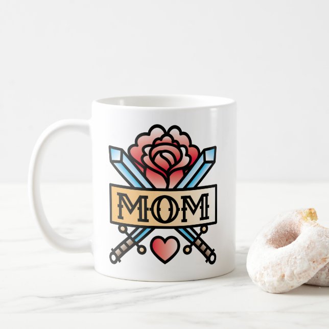 Taza De Café Rosa de café con estilo tatuaje de mamá (Con donut)