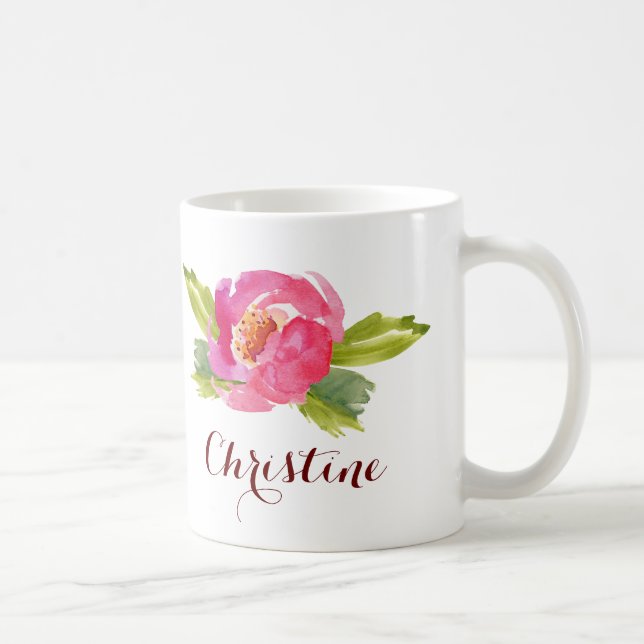 Taza De Café Rosa de color de agua con nombre personalizado (Derecha)