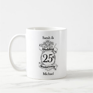 Taza De Café rosa de flores en el 25° aniversario de Boda de Pl