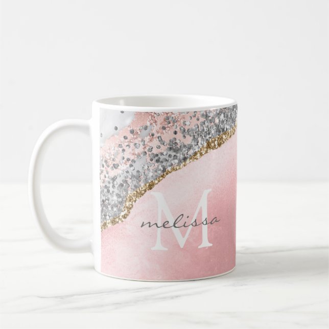 Taza De Café Rosa de oro Agate rosa Purpurina Marble Monograma  (Izquierda)