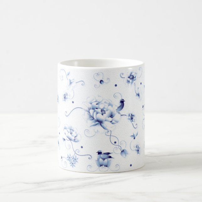 Taza De Café Rosa de pájaro azul Chinoiserie Floral (Centro)