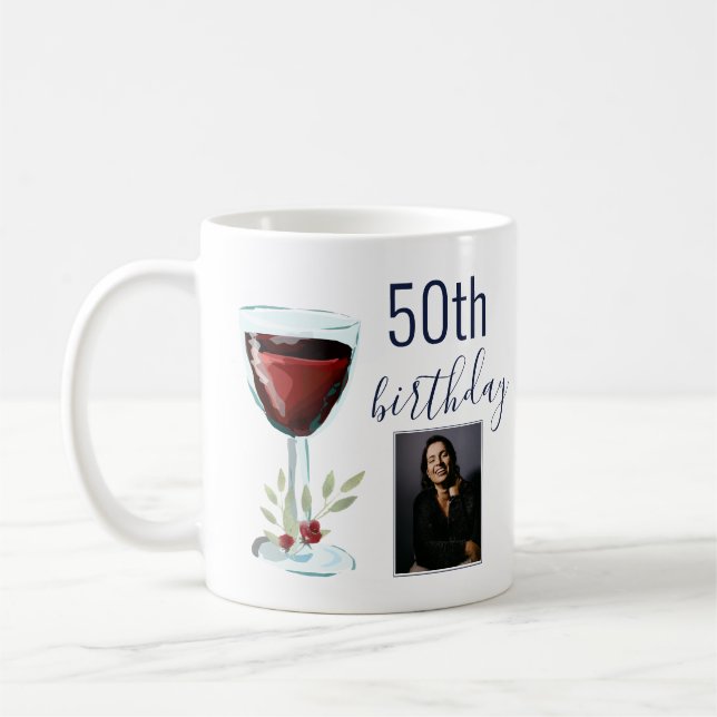 Taza De Café Rosa de vino rojo acuarela Foto 50 cumpleaños