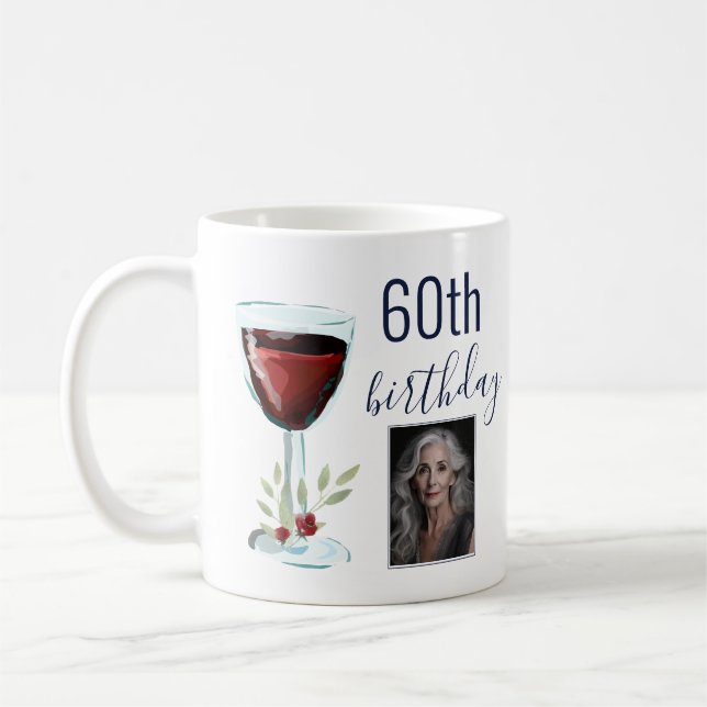 Taza De Café Rosa de vino rojo acuarela foto 60 cumpleaños (Izquierda)