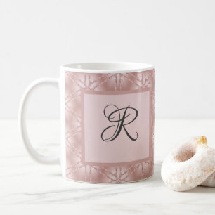 Taza De Café Rosa Dorada Monograma Patrón Geométrico Brillante