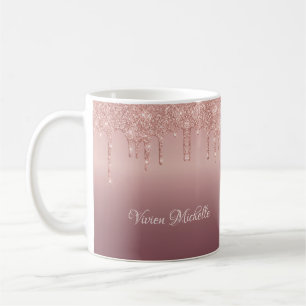 Taza De Café Rosa Dorado Brillante con Purpurina que Gotea