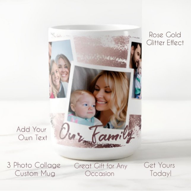 Taza De Café Rosa Dorado Glamuroso y Collage de 3 Fotos Blanco (Subido por el creador)