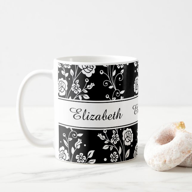 Taza De Café Rosa Flor Floral Nombre del patrón bórico Imprimir (Con donut)