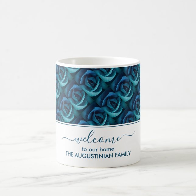 Taza De Café Rosa Floral Azul BIENVENIDA A NUESTRO HUÉSPEDES (Centro)