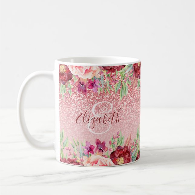 Taza De Café Rosa floral borgoñés Purpurina de oro personalizad (Izquierda)