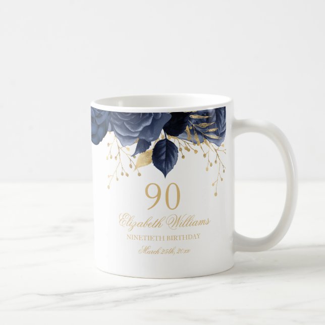 Taza De Café Rosa floral de la marina de oro 90 cumpleaños (Derecha)