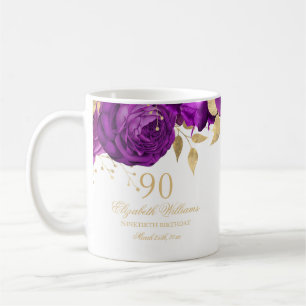 Taza De Café Rosa Floral de Oro Púrpura Cumpleaños 90