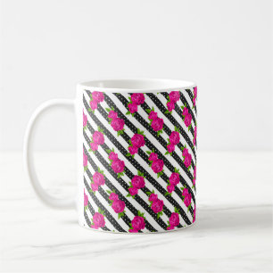 Taza De Café Rosa floral en franjas verticales
