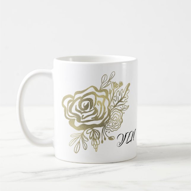 Taza De Café Rosa Floral Francesa Dorada Falsa (Izquierda)