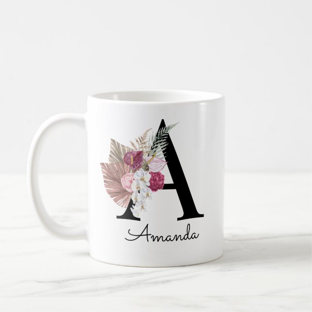 Taza De Café Rosa floral inicial moderna A (Izquierda)