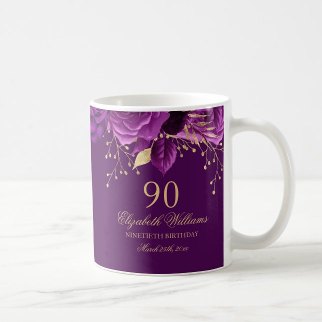 Taza De Café Rosa Floral Purple Gold 90 cumpleaños (Derecha)