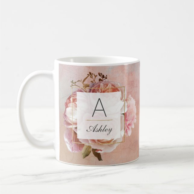 Taza De Café ROSA LUMINOSO Elegante Monograma Floral Moderno (Izquierda)