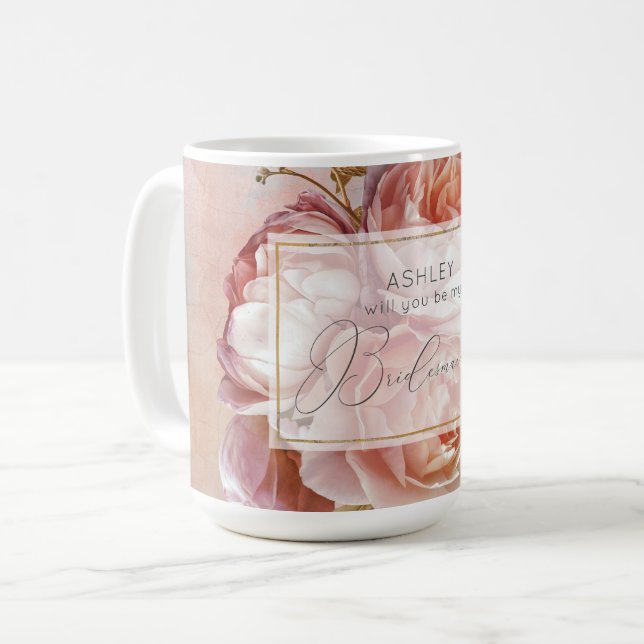Taza De Café ROSA LUMINOSO Elegante y moderna dama de honor flo (Anverso izquierdo)