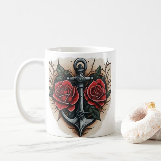 Taza De Café Rosa neotradicional y tatuaje de ancla (Con donut)