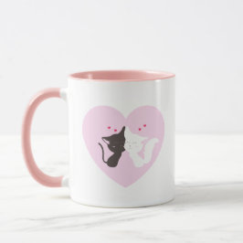 Taza de café rosa pareja de gatos felices