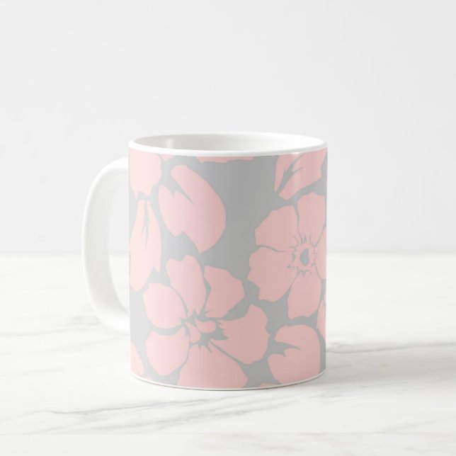 Taza De Café Rosa Pastel y Floral Gris (Anverso izquierdo)