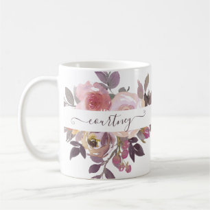 Taza De Café Rosa pastel y floral personalizado morado