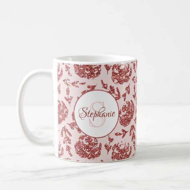 Taza De Café Rosa Purpurina dorado Monograma floral (Izquierda)