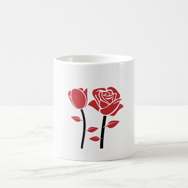 Taza De Café Rosa Roja (A white mug featuring a minimalist design of red roses on a white surface.  )