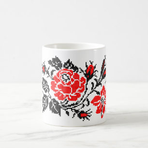 Taza De Café Rosa Roja&Negra Patrón Ruso de Bordado en Punto de