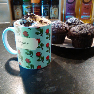 Taza De Café Rosa Roja Única Agrega tu Texto Patrón Romántico