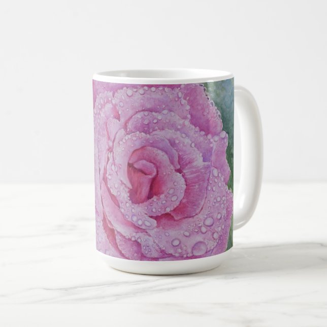 Taza De Café Rosa rosa con gotas de lluvia  (Anverso derecho)