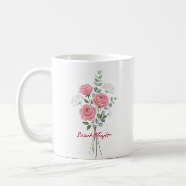 Taza De Café Rosa Rosa Personalizada Flor de Cumpleaños Persona (Izquierda)