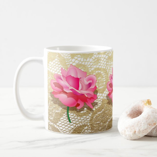 Taza De Café Rosa Rosa Rosa Dorada Floral Lace (Con donut)