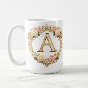 Taza De Café Rosa Rubor Oro Floral Monograma Letra A Boda 