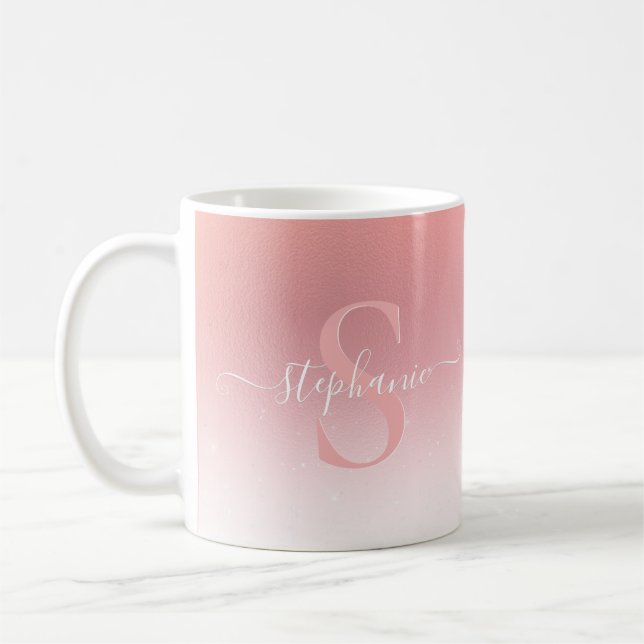 Taza De Café Rosa Shimmer Purpurina Rosa Girly Monogramed (Izquierda)