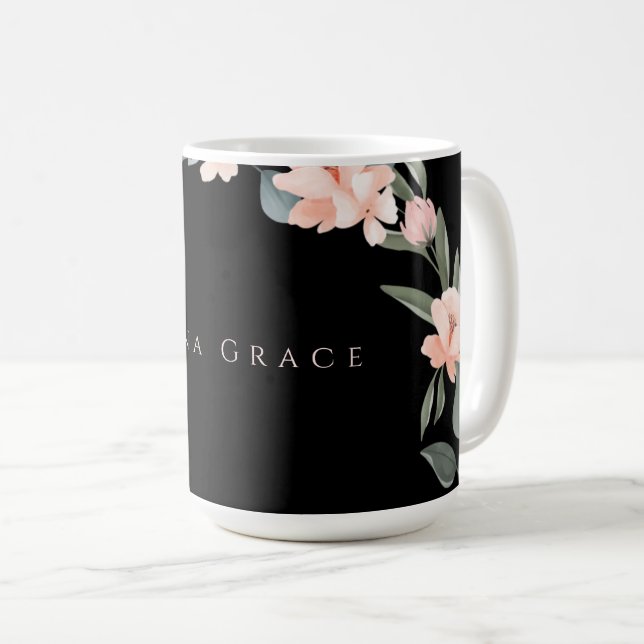 Taza De Café Rosa sonrojado flores rosas acuarela negro (Anverso derecho)