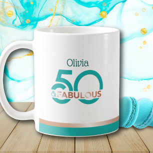 Taza De Café Rosa Verde azulado Gold 50 y fabuloso cumpleaños 