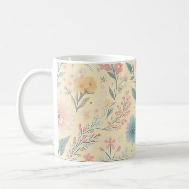 Taza De Café Rosa y azul pastel floral en amarillo claro (Izquierda)