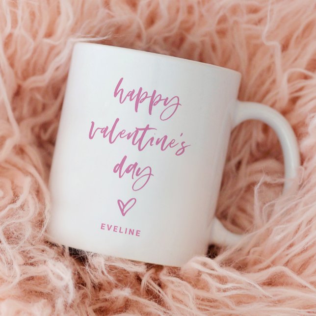 Taza De Café Rosa y blanco | Script informal y Heart Valentine (A simple and stylish Valentine's Day mug)