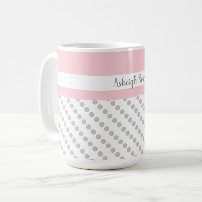 Taza De Café Rosa y gris, puntos de polka, personalizados (Anverso izquierdo)