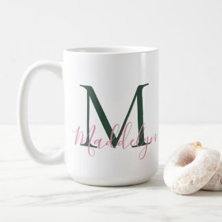 Taza De Café Rosa y Verde Preppy con Inicial Personalizada Mono