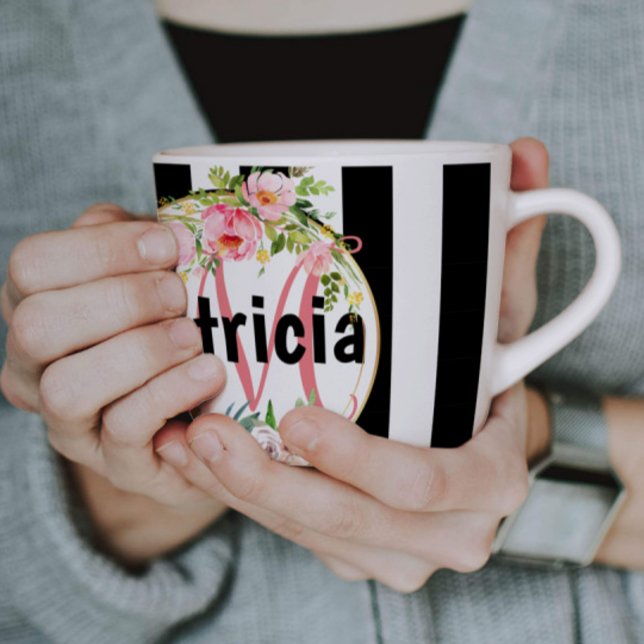 Taza De Café rosado Floral negro y blanco Rayas monograma (Subido por el creador)