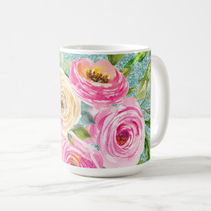 Taza De Café Rosas acuarela en brillo de aqua rosa y crema