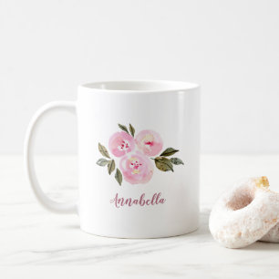 Taza De Café Rosas acuarela rosadas con regalo de nombre