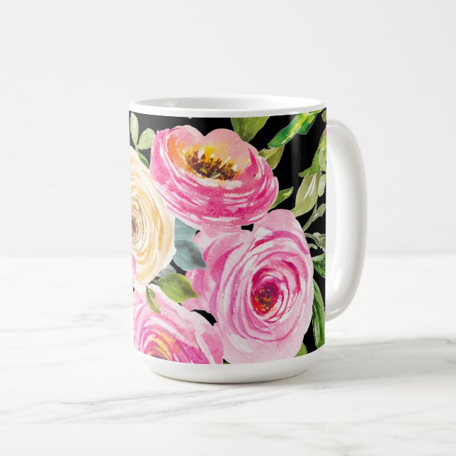 Taza De Café Rosas acuarelas en rosa y crema en negro (Anverso derecho)