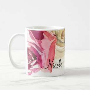 Taza De Café Rosas acuarelas Glam Floral de Moda rosa y blanca