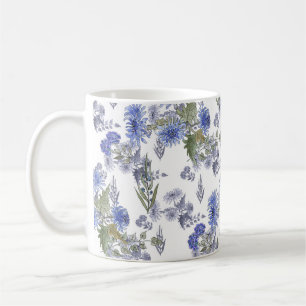 Taza De Café Rosas azules de acuarela flores plumas blancas