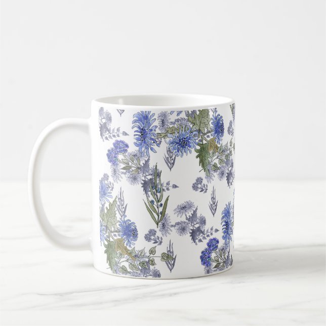 Taza De Café Rosas azules de acuarela flores plumas blancas (Izquierda)